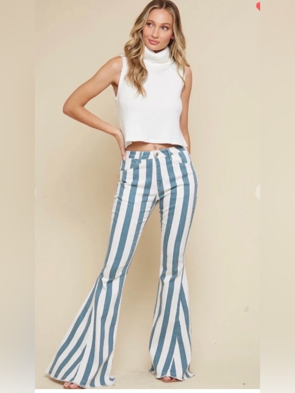 Bestto High waisted striped
Denim Flares Size Medium Color
White /Baby Bleu